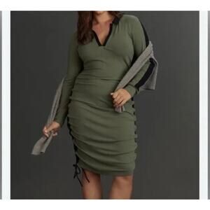 Anthropologie Daily Practice midi dress ruched green and black XS bodycon ribbed